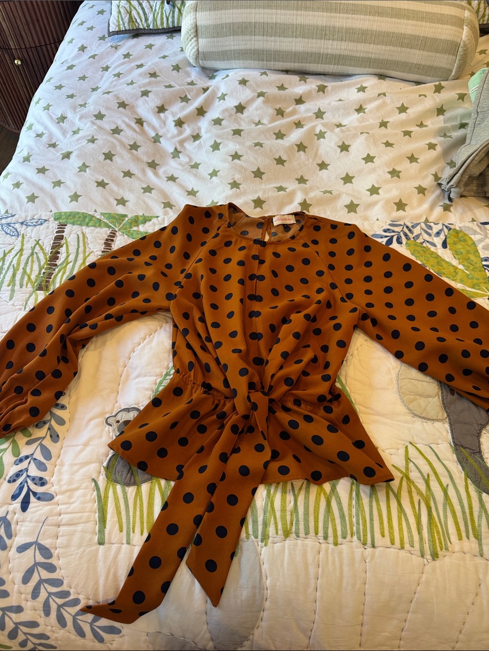 Polka Dot Tie-Waist Blouse in Rust and Black